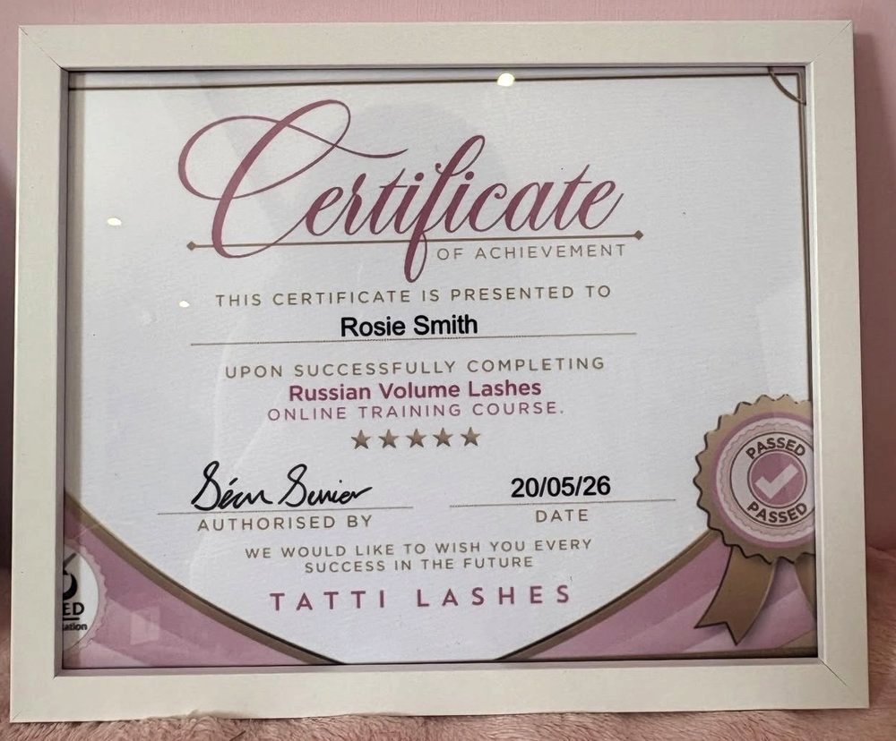 Certificate of Achievement awarded to Rosie Smith for Russian Volume Lashes by Tatti Lashes, dated 20 May 2026